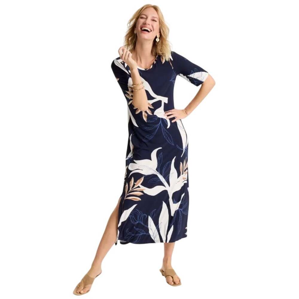CHICOS Navy Leaf Print Maxi Column Dress 2 US 12 Large Stretch Jersey Slit EUC